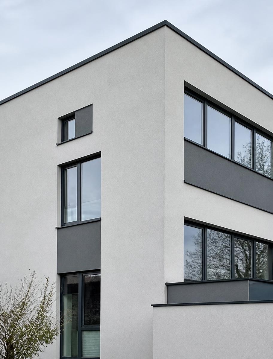 Zeitgenössische Fassade mit mineralischem Putz, großen Fenstern und scharfer Dachkante