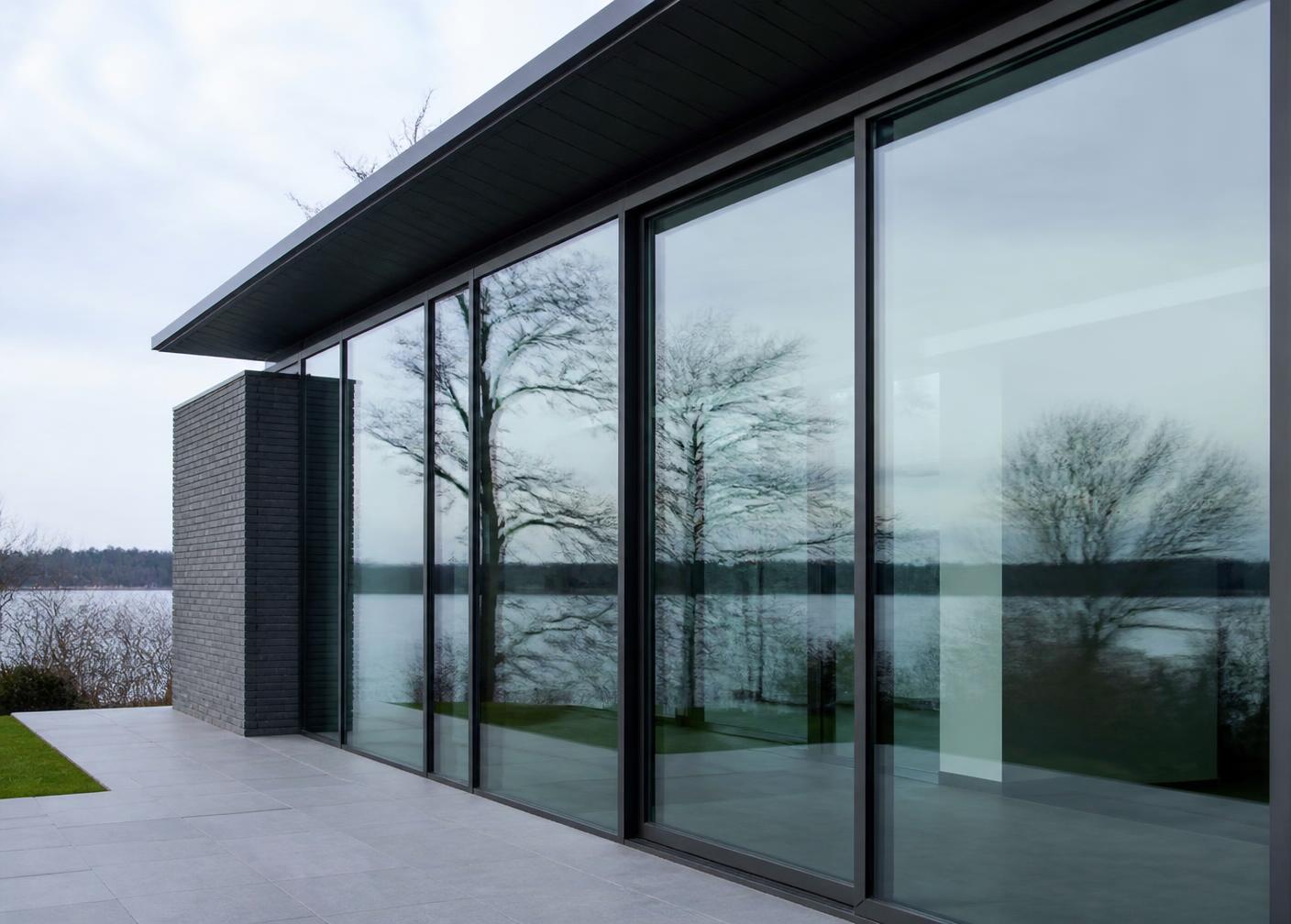 Große moderne Glasfassade mit schmalen dunklen Rahmen an einem zeitgenössischen Haus