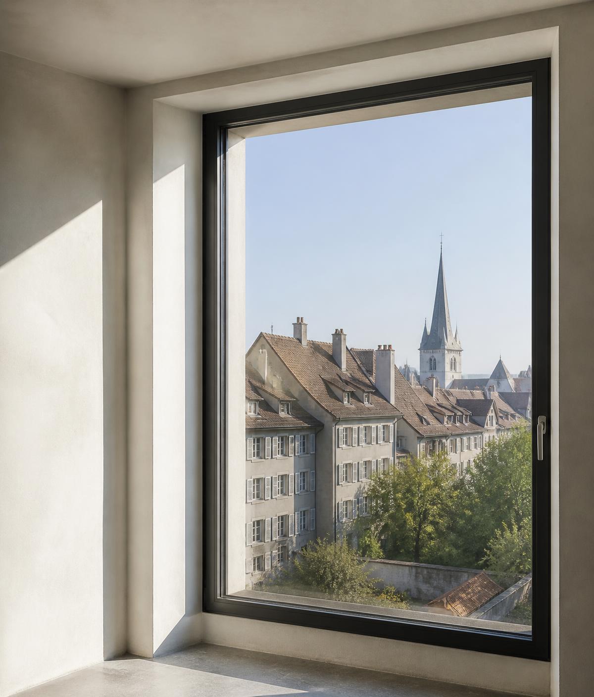 Großes neues Fensterelement mit schmalem Rahmen und Blick über Altstadtdächer
