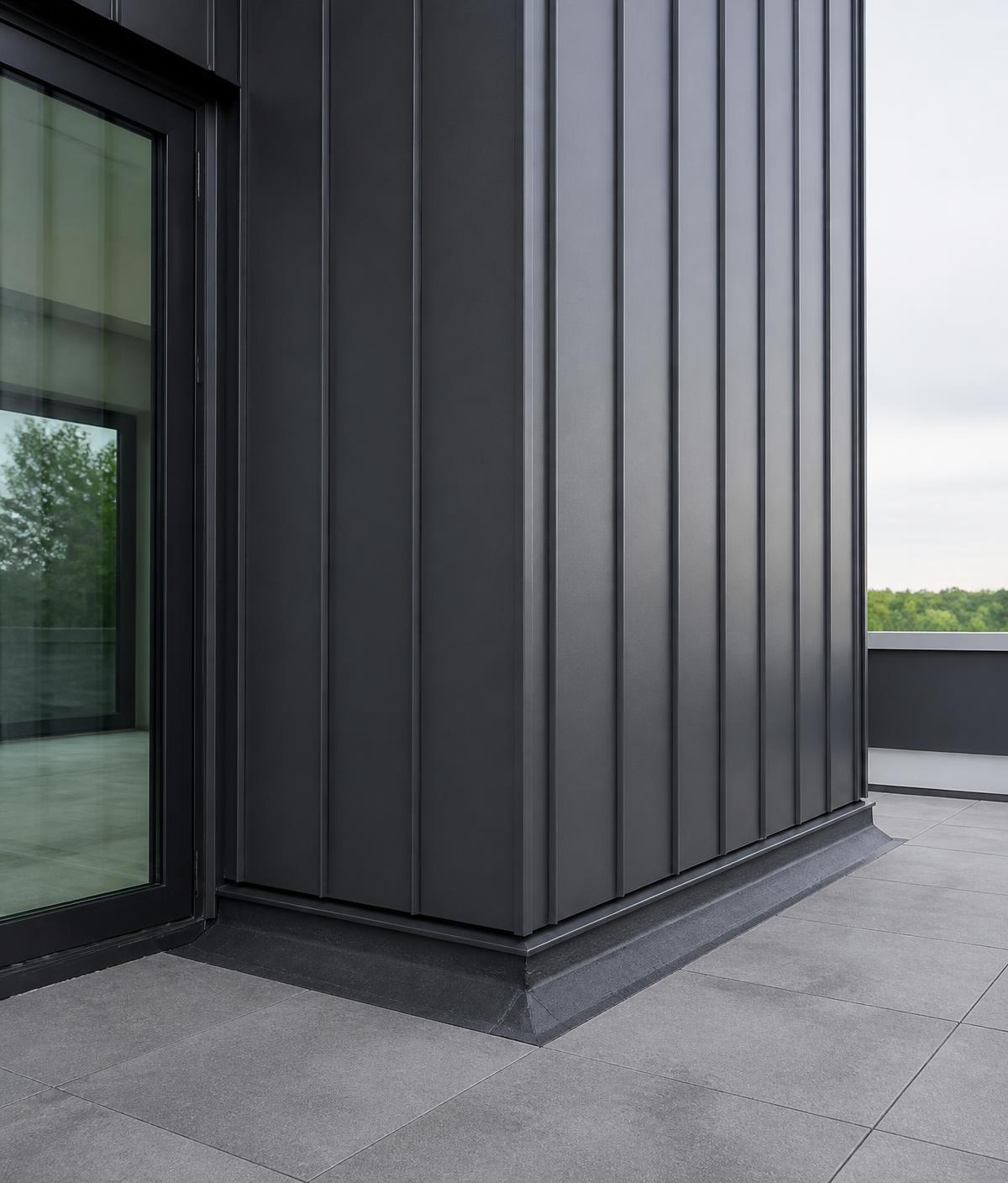 Gebäudeecke mit dunkler Stehfalz-Metallverkleidung und sauberem Terrassenanschluss